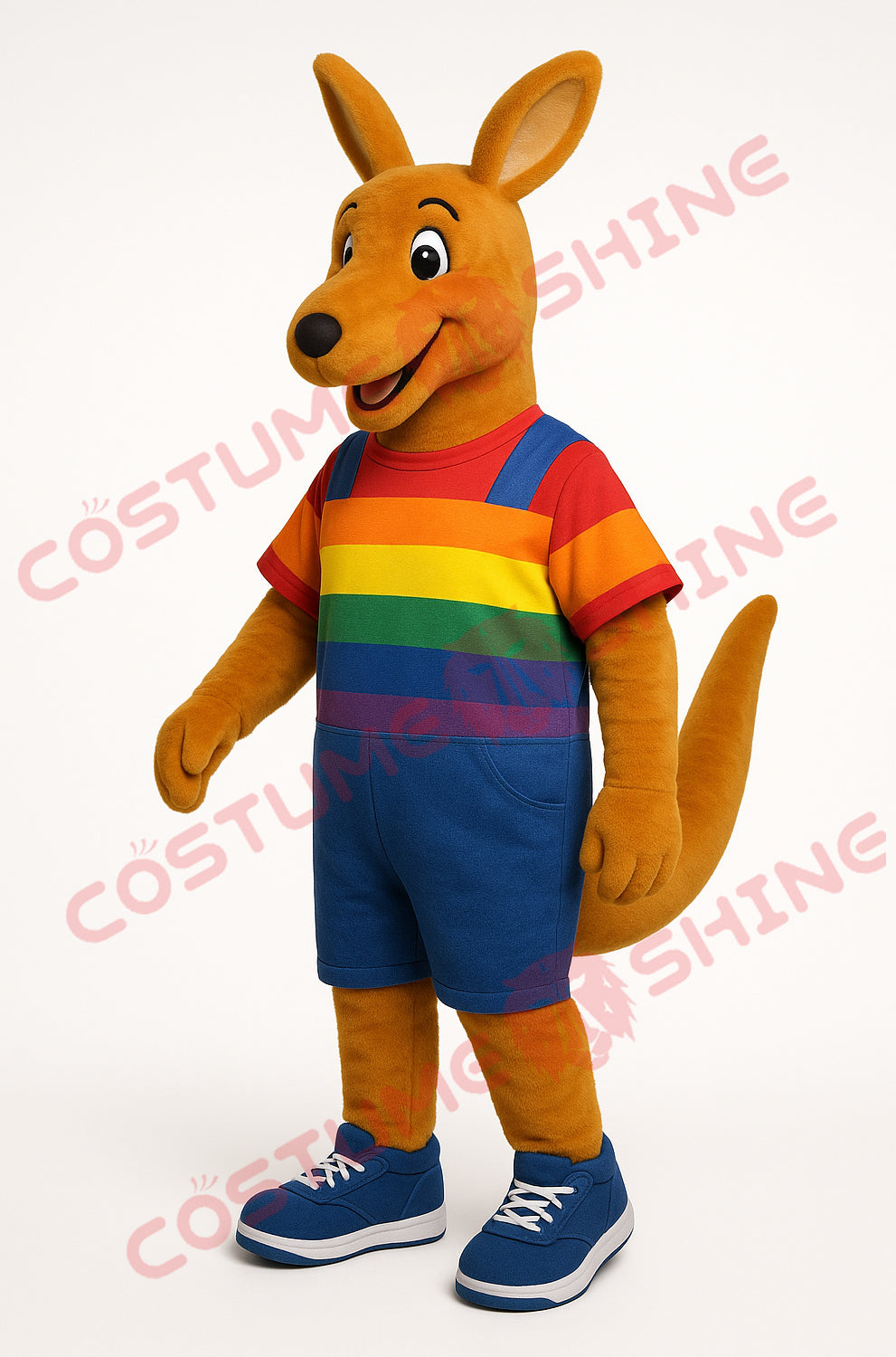 Brown Kangaroo Mascot Costume with Rainbow Shirt & Blue Overalls
