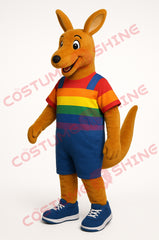 Brown Kangaroo Mascot Costume with Rainbow Shirt & Blue Overalls