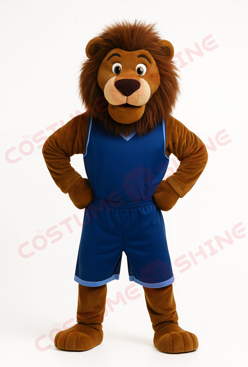Brown Lion Mascot Costume in Blue Basketball Uniform – Custom Plush Suit for School Teams, Sports Events, and Promotions