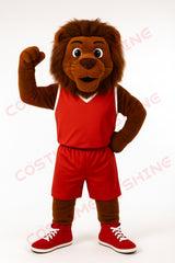 Brown Lion Mascot Costume in Red Basketball Uniform – Custom Plush Suit for School Teams, Sports Events & Brand Promotions