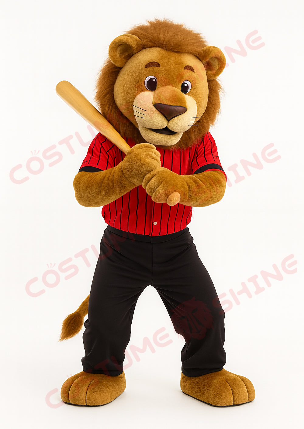 Brown Lion Mascot Costume in Red Striped Baseball Uniform – Custom Plush Suit for School Teams, Sports Events, and Brand Promotions