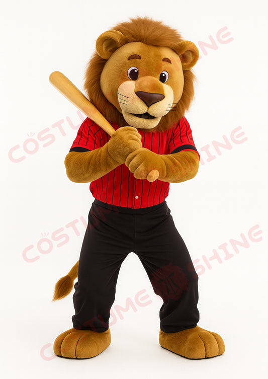 Brown Lion Mascot Costume in Red Striped Baseball Uniform – Custom Plush Suit for School Teams, Sports Events, and Brand Promotions