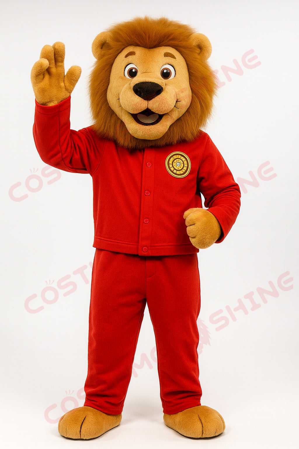 Brown Lion Mascot Costume in Red Uniform – Custom Plush Suit for School Events, Team Activities & Brand Promotions