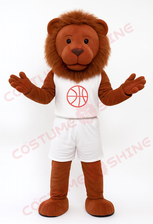 Brown Lion Mascot Costume in White Basketball Uniform – Custom Plush Suit for School Teams, Sports Games & Brand Promotions