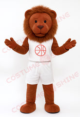 Brown Lion Mascot Costume in White Basketball Uniform – Custom Plush Suit for School Teams, Sports Games & Brand Promotions