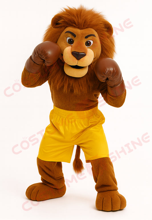Brown Lion Mascot Costume in Yellow Boxing Outfit – Custom Plush Suit for School Sports Teams, Events, and Brand Promotions