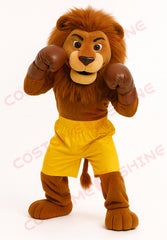 Brown Lion Mascot Costume in Yellow Boxing Outfit – Custom Plush Suit for School Sports Teams, Events, and Brand Promotions