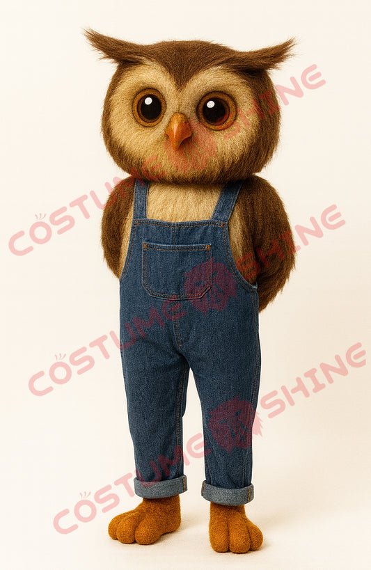 Brown Owl Mascot Costume for Adults – Plush Suit with Denim Overalls
