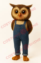 Brown Owl Mascot Costume for Adults – Plush Suit with Denim Overalls