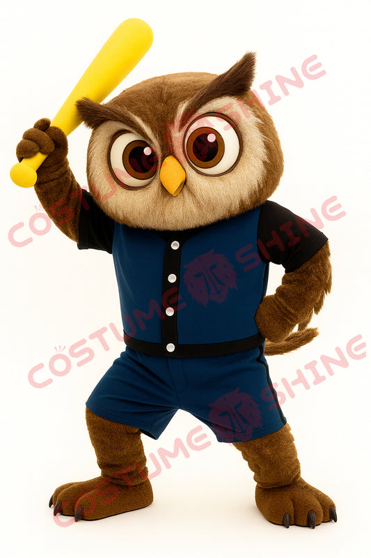Brown Owl Mascot Costume in Blue Baseball Outfit for Adults – Plush Suit