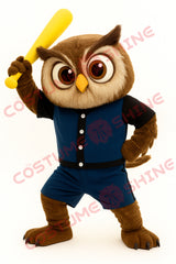 Brown Owl Mascot Costume in Blue Baseball Outfit for Adults – Plush Suit