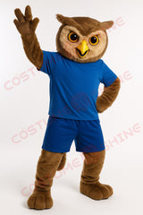 Brown Owl Mascot Costume Character Dressed in a Blue T-Shirt and Shorts