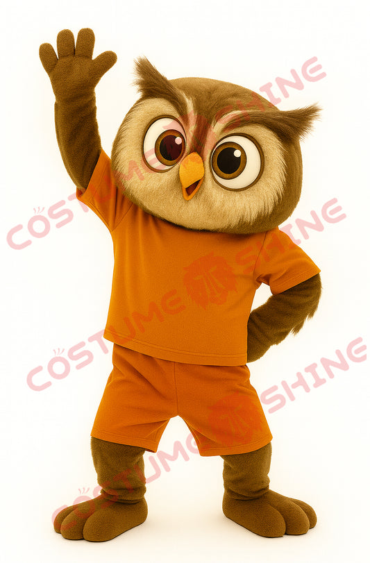 Brown Owl Mascot Costume in Orange Outfit for Adults – Waving Plush Suit