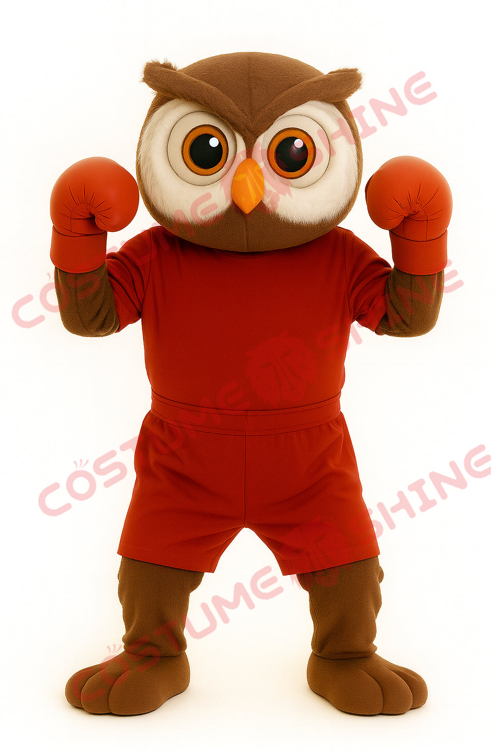 Brown Owl Mascot Costume in Red Boxing Outfit for Adults – Plush Suit