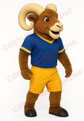 Brown Ram Mascot Costume – Blue and Yellow Sports Uniform Plush Suit for School or Team Events