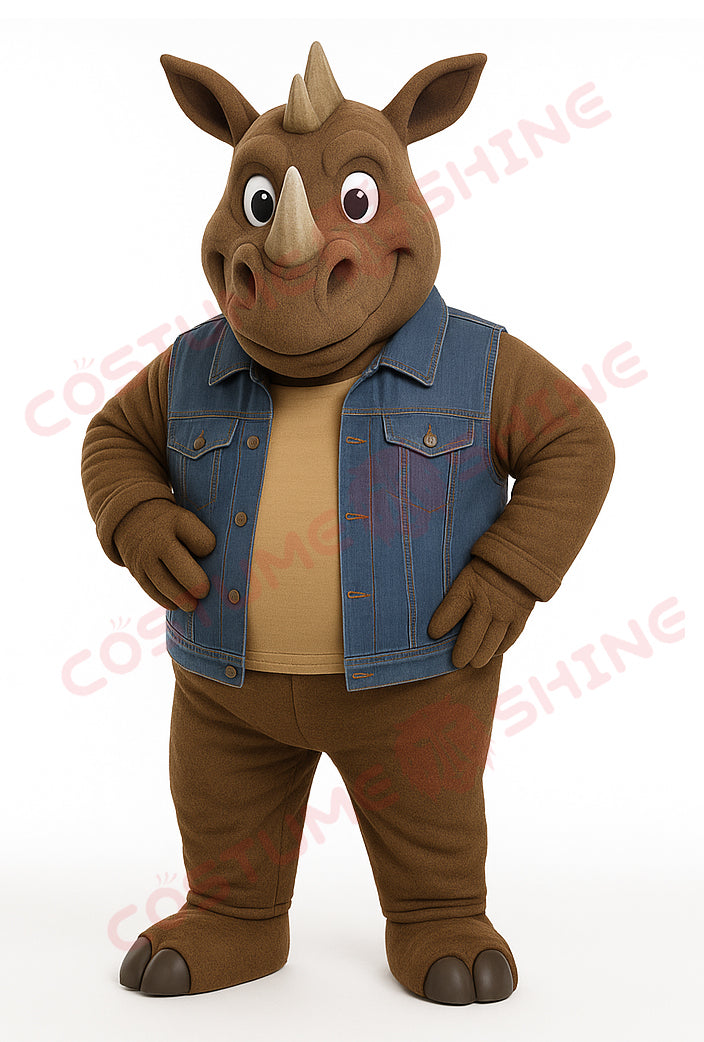 Brown Rhino Mascot Costume with Denim Vest – Custom Plush Suit for School Events, Sports Teams & Parades