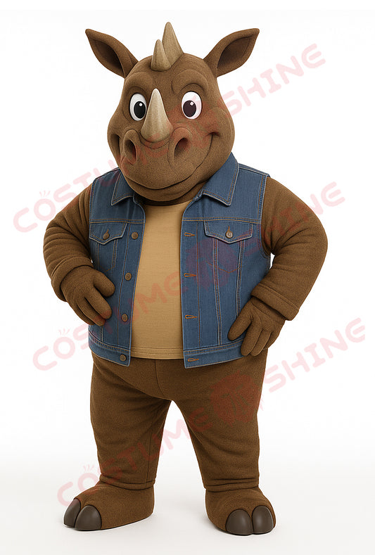 Brown Rhino Mascot Costume with Denim Vest – Custom Plush Suit for School Events, Sports Teams & Parades