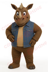 Brown Rhino Mascot Costume with Denim Vest – Custom Plush Suit for School Events, Sports Teams & Parades