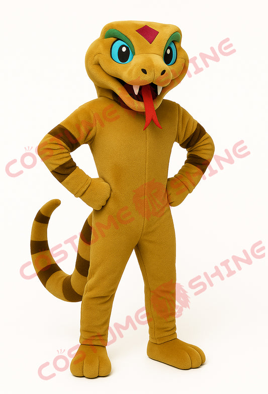 Brown Snake Mascot Costume with Red Tongue and Blue Eyes