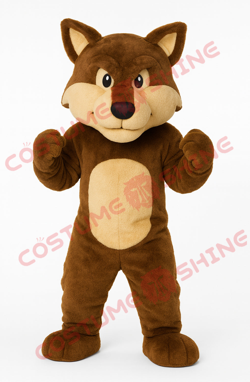 Brown Wolf Mascot Costume with Fists Up – Adult Plush Full-Body Suit