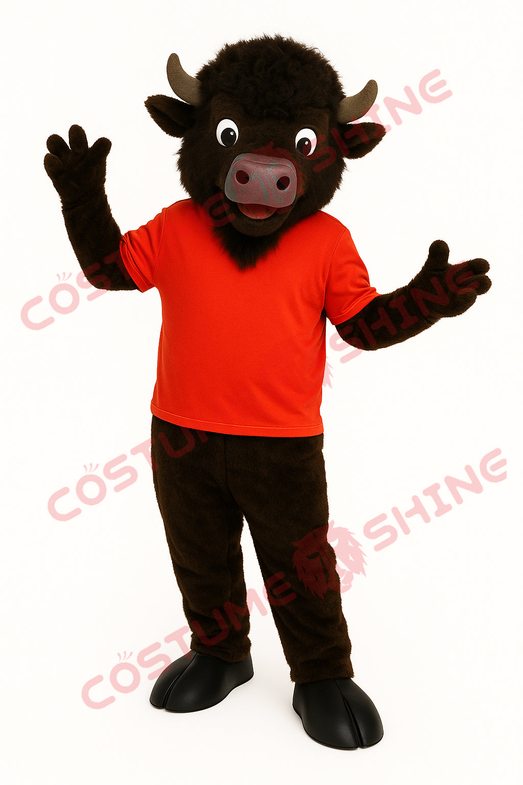 Brown Buffalo Mascot Costume with Red Shirt for School Sports Events
