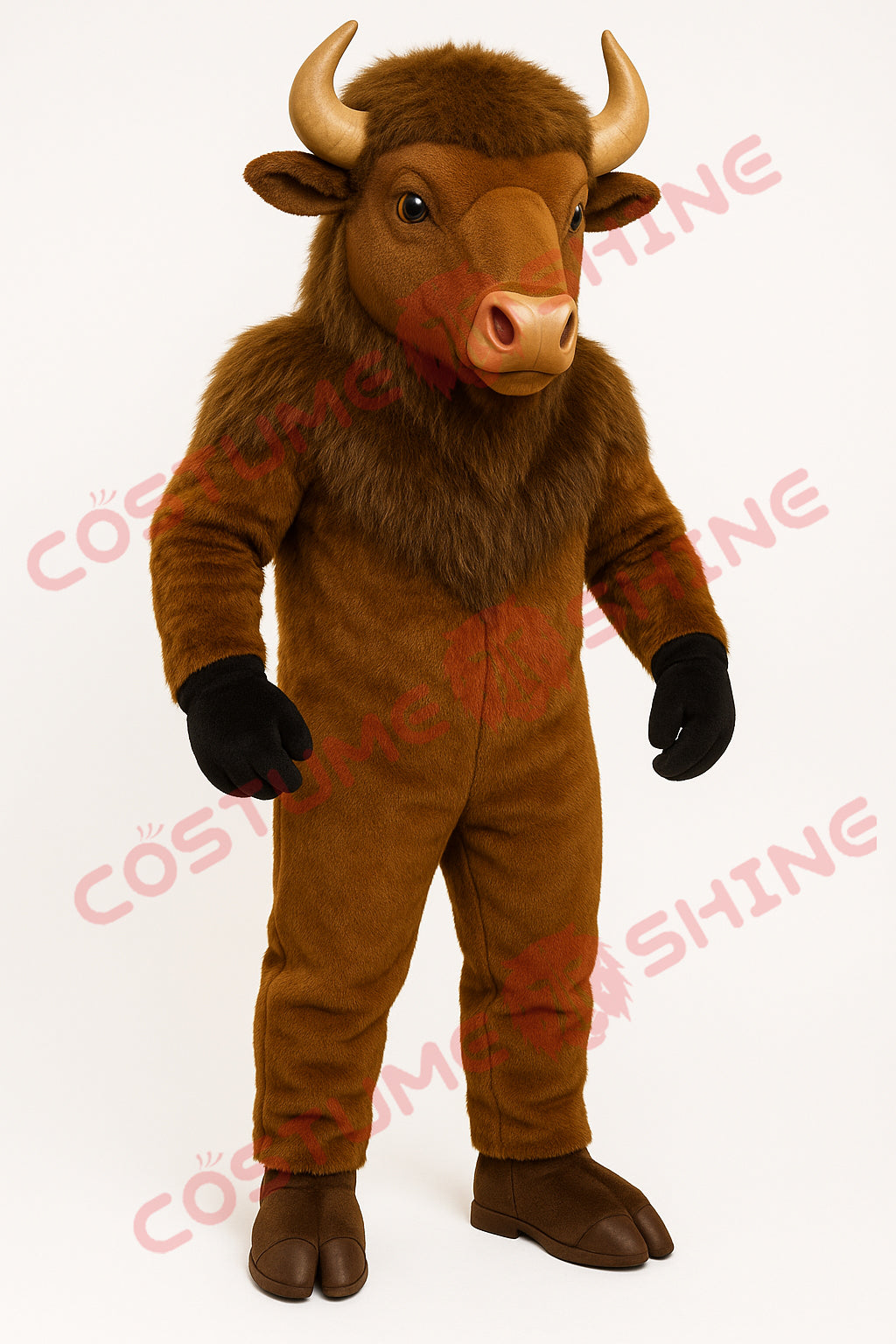 Brown Buffalo Mascot Costume with Fur & Horns | Adult Animal Suit for Events