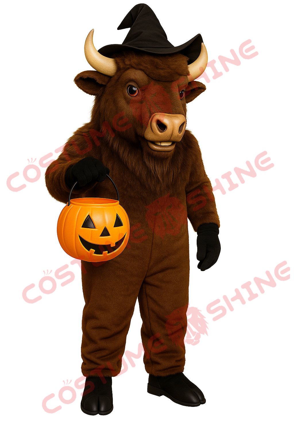 Halloween Buffalo Mascot Costume with Witch Hat & Pumpkin Bucket | Adult Suit