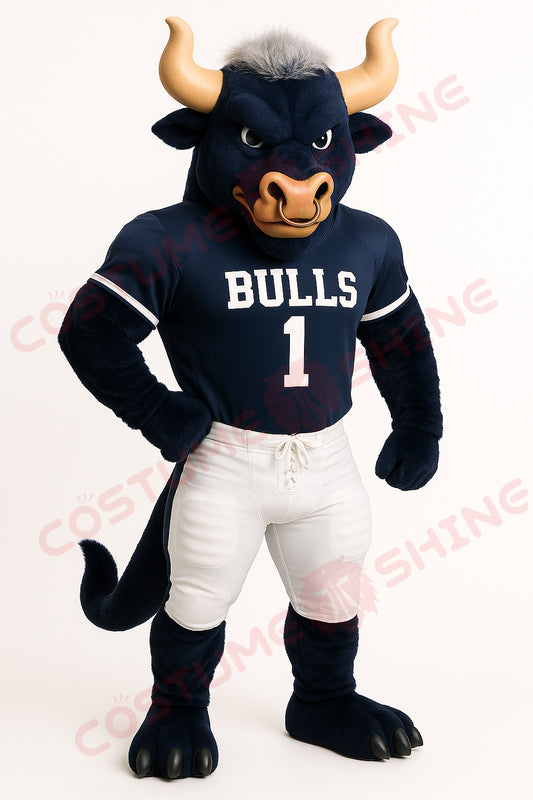 Blue Bull Mascot Costume in Football Uniform – Custom Sports Team Suit for Events
