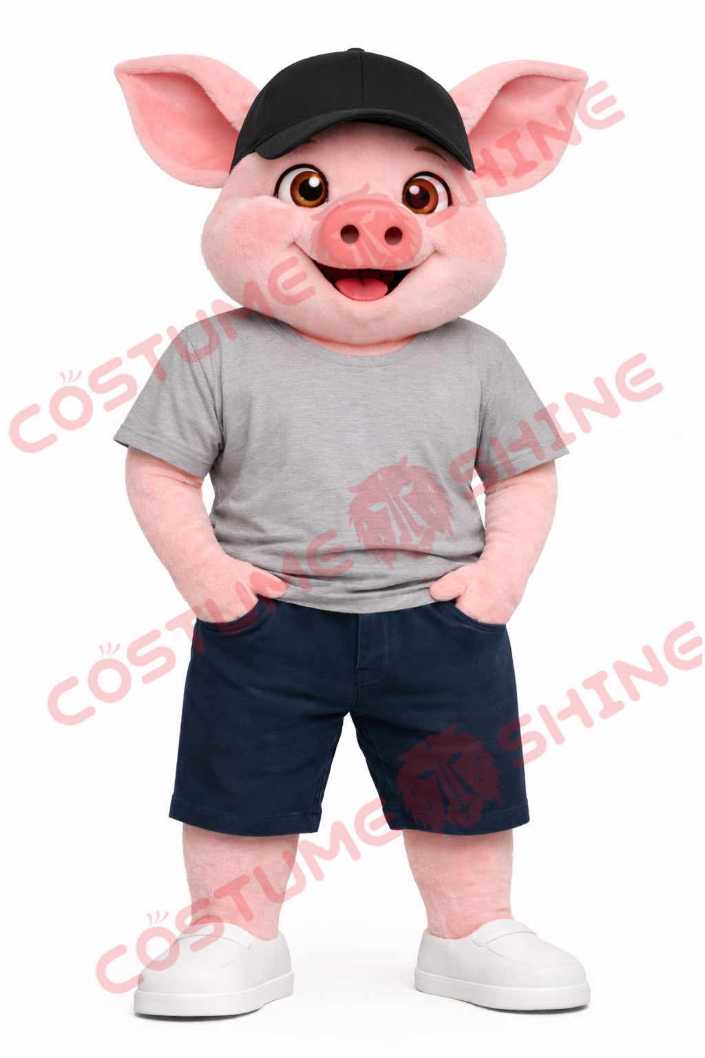 Casual Pig Mascot Costume Adult with Cap Gray T-Shirt & Navy Shorts