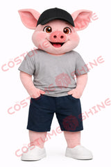 Casual Pig Mascot Costume Adult with Cap Gray T-Shirt & Navy Shorts