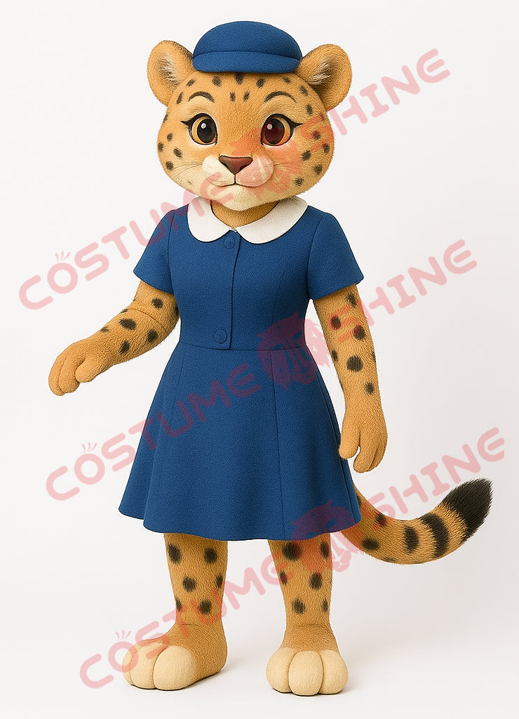 Blue Cheetah Mascot Costume with Dress and Hat | Cute Animal Suit for Events