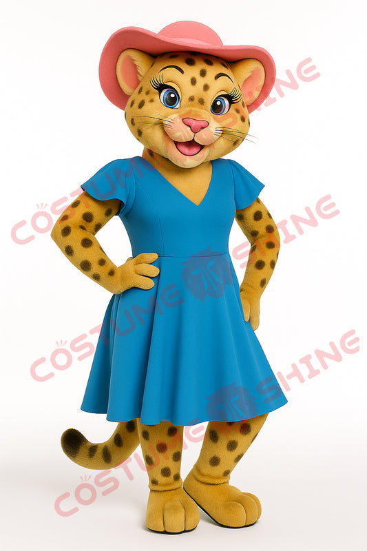 Cheetah Mascot Costume with Pink Hat and Blue Dress | Cute Animal Suit for Events