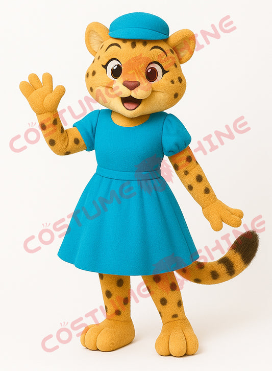 Cheetah Mascot Costume with Blue Dress and Cap | Cute Animal Suit for School Events