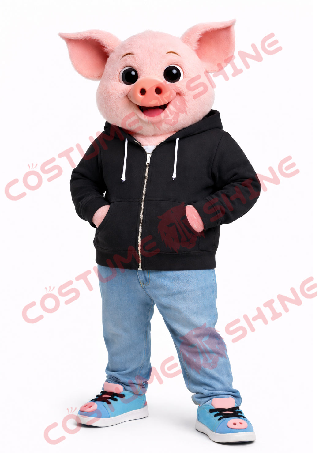 Cool Pig Mascot Costume Adult with Black Hoodie Jeans and Sneakers