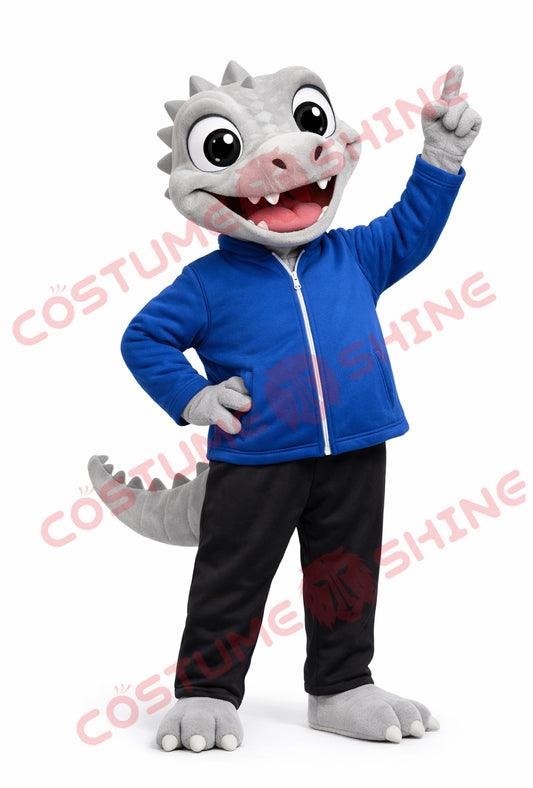 Adult Gray Crocodile Mascot Costume Plush with Blue Zip Jacket
