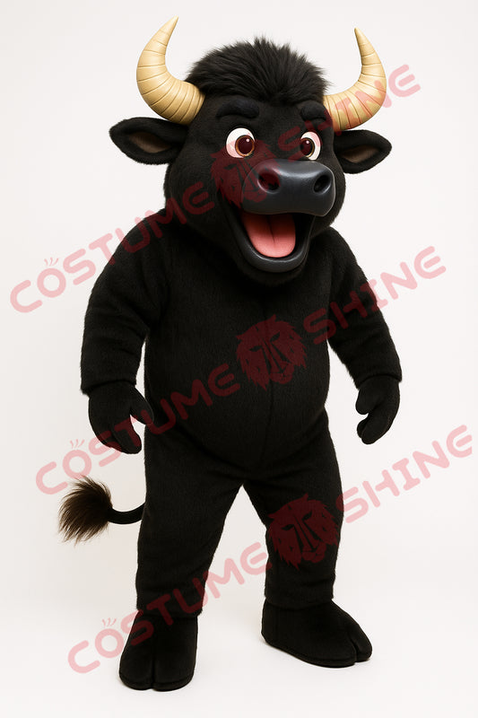 Black Bull Mascot Costume with Golden Horns for School Sports Teams, Events & Parades