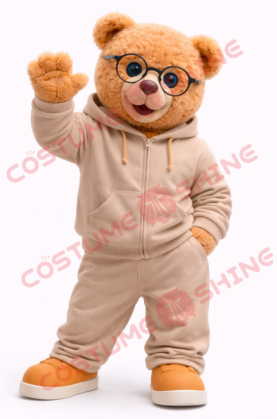Cute Brown Bear Mascot Costume Adult Glasses Hoodie Set