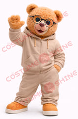 Cute Brown Bear Mascot Costume Adult Glasses Hoodie Set