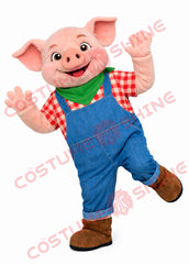 Cute Farm Pig Mascot Costume Adult in Denim Overalls