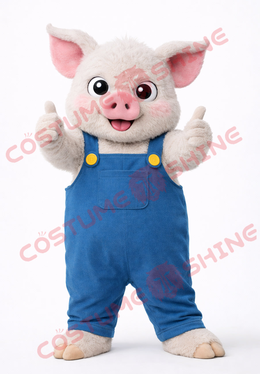 Cute Pig Mascot Costume Adult in Blue Overalls