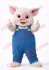 Cute Pig Mascot Costume Adult in Blue Overalls