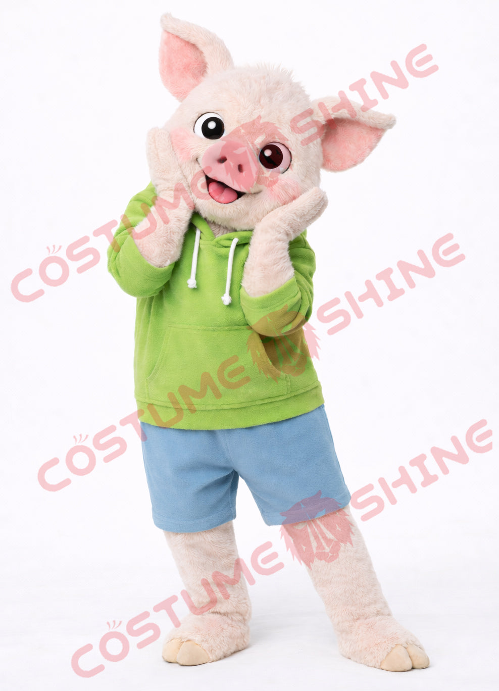 Cute Pig Mascot Costume Adult in Green Hoodie and Blue Shorts