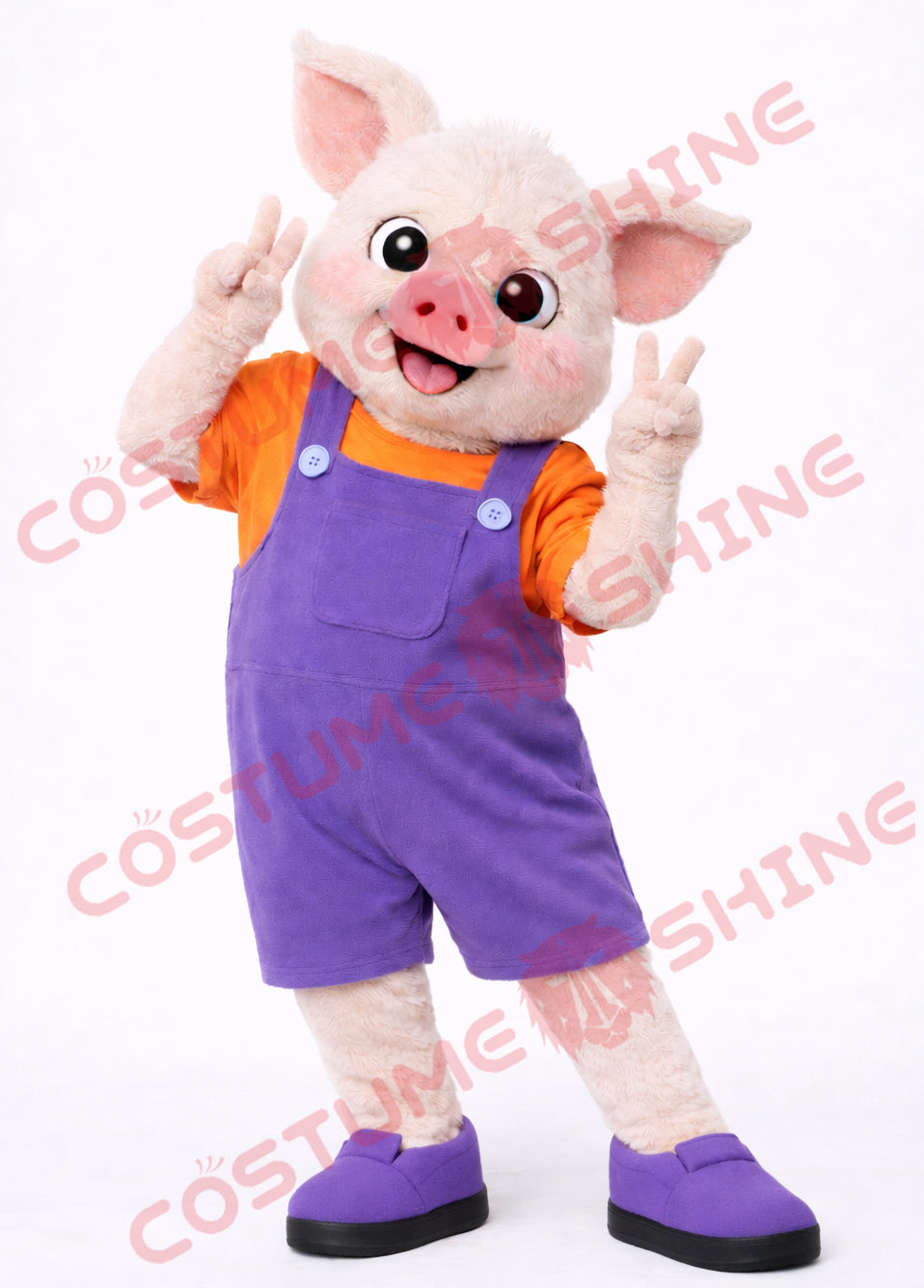 Cute Pig Mascot Costume Adult in Purple Overalls and Orange Shirt