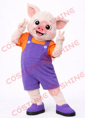 Cute Pig Mascot Costume Adult in Purple Overalls and Orange Shirt