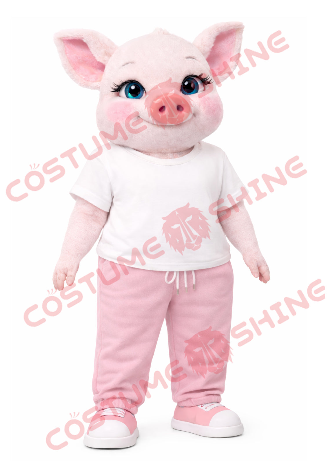 Cute Pig Mascot Costume Adult in White T-Shirt and Pink Jogger Pants