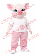 Cute Pig Mascot Costume Adult in White T-Shirt and Pink Jogger Pants