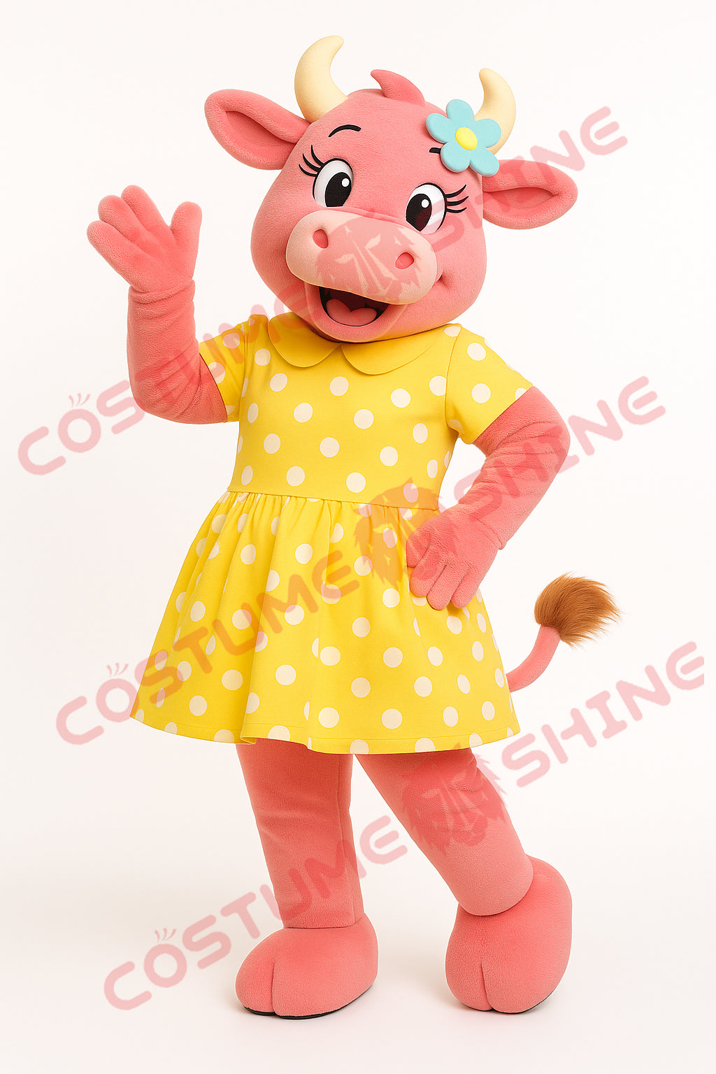 Cute Pink Cow Mascot Costume with Yellow Polka Dot Dress for School and Events