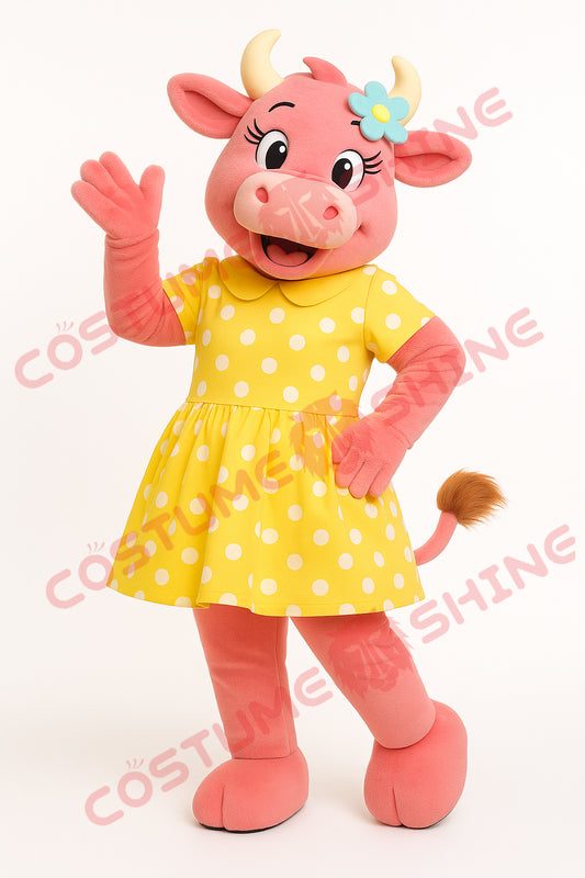 Cute Pink Cow Mascot Costume with Yellow Polka Dot Dress for School and Events
