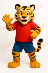 Cute Tiger Mascot Costume in Red Shirt and Blue Shorts – Customizable Furry Suit for Adults