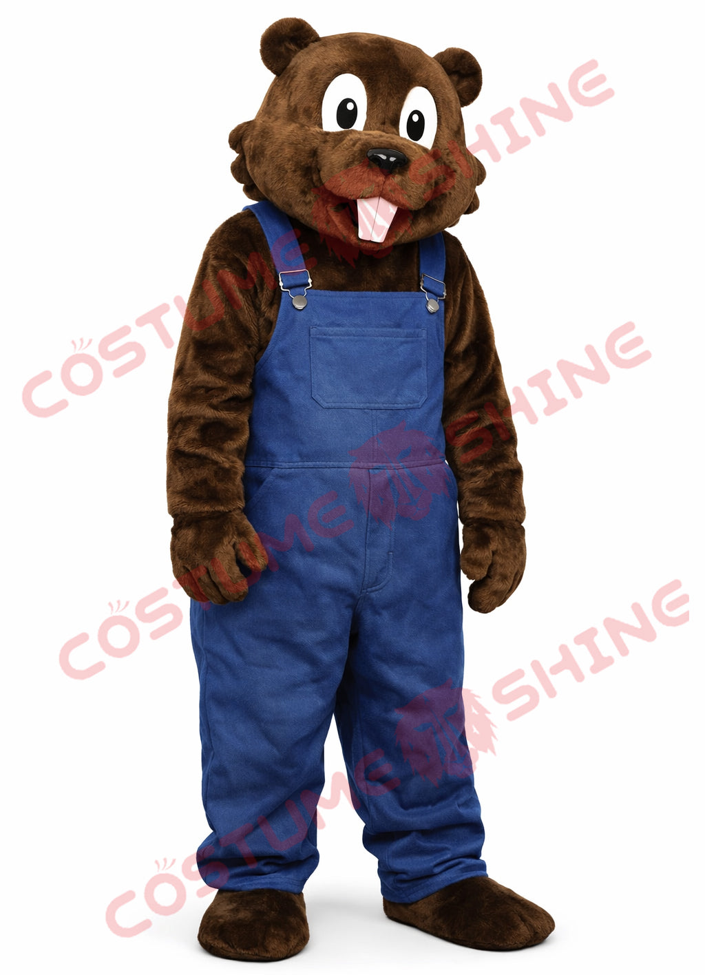 Brown Beaver Mascot Costume with Navy Blue Overalls – Adult Suit
